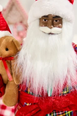 18" African American Santa Figurine with Plaid Robe