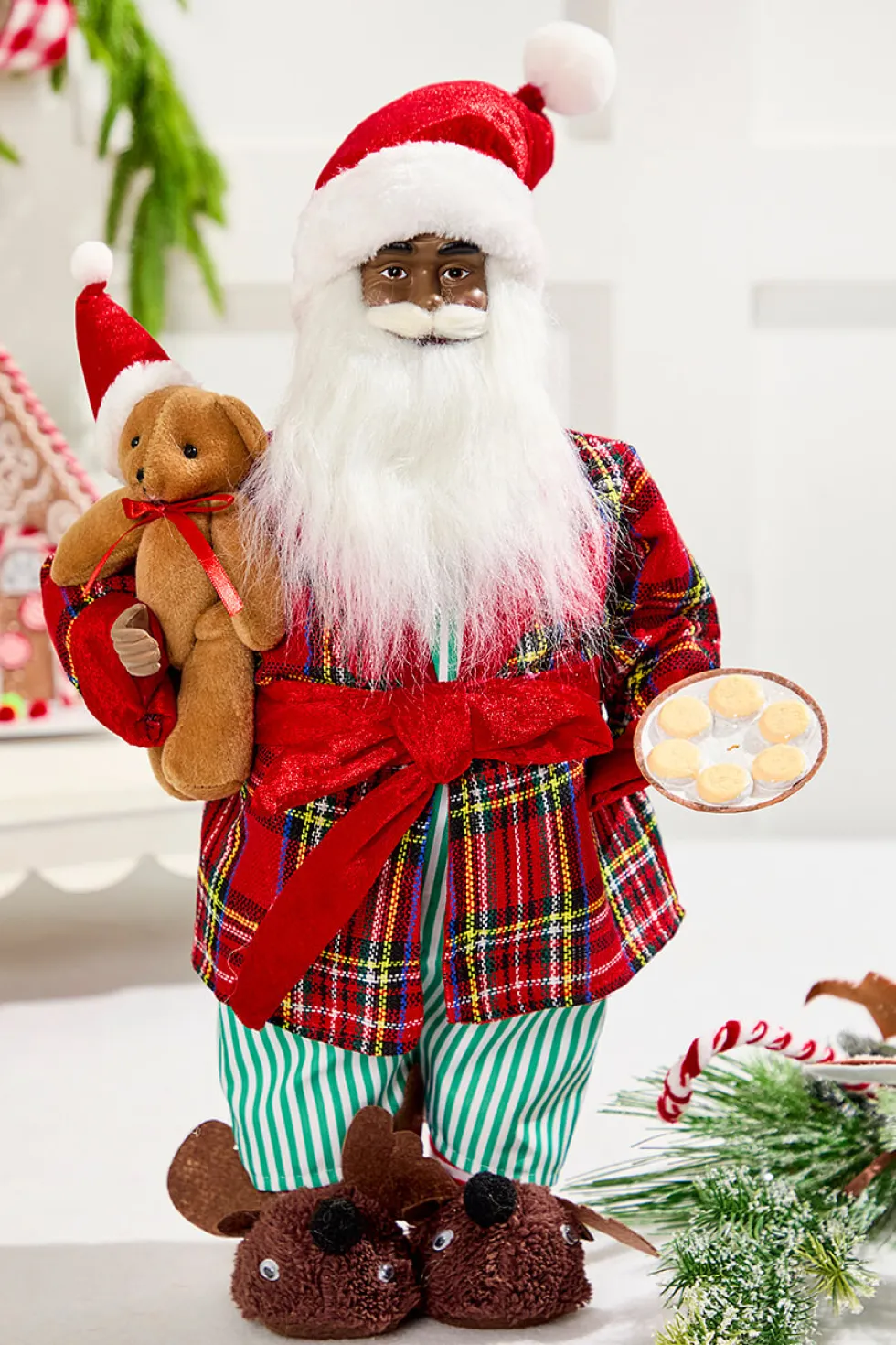 18" African American Santa Figurine with Plaid Robe
