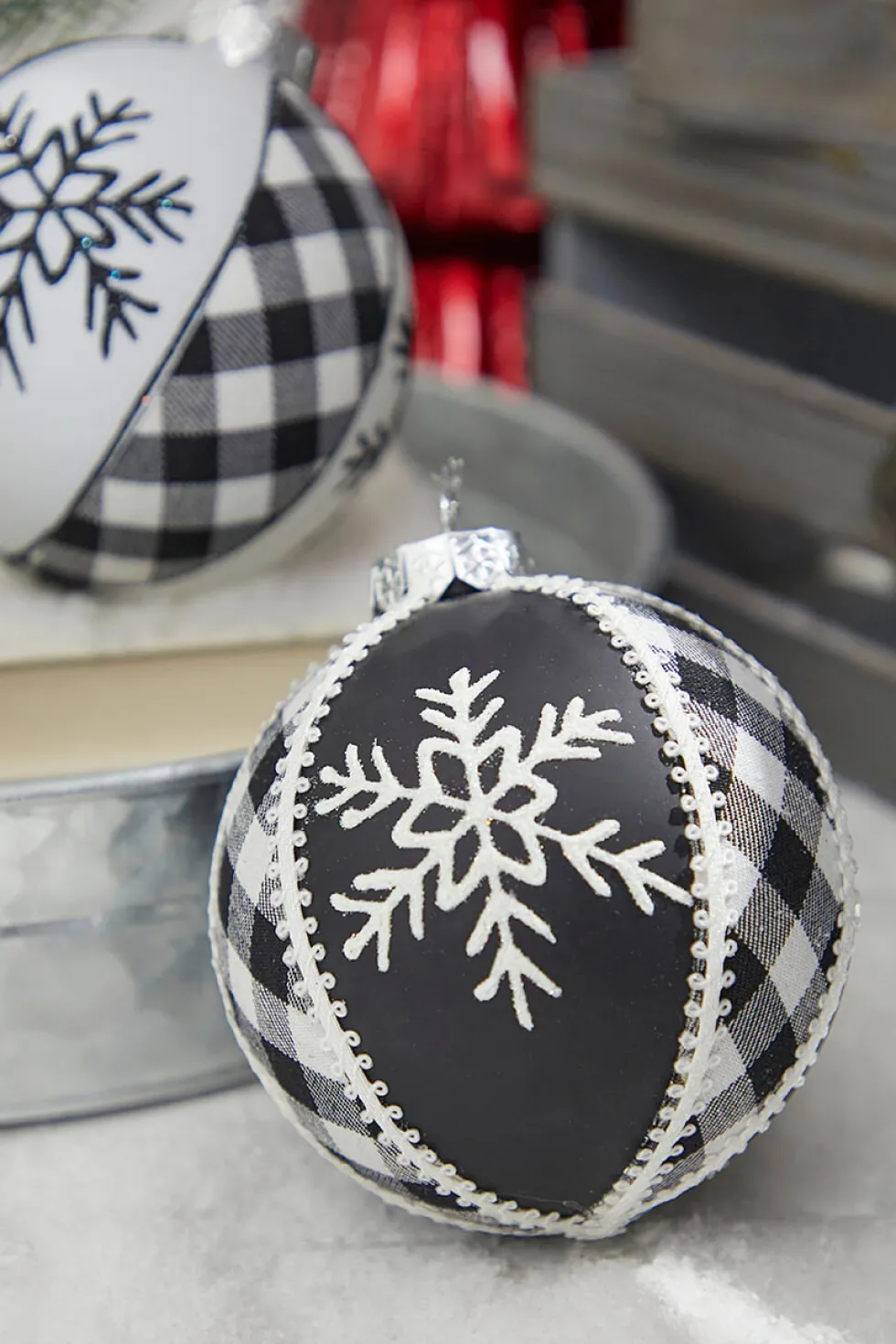 4" Black and White Ball Plaid Ornament