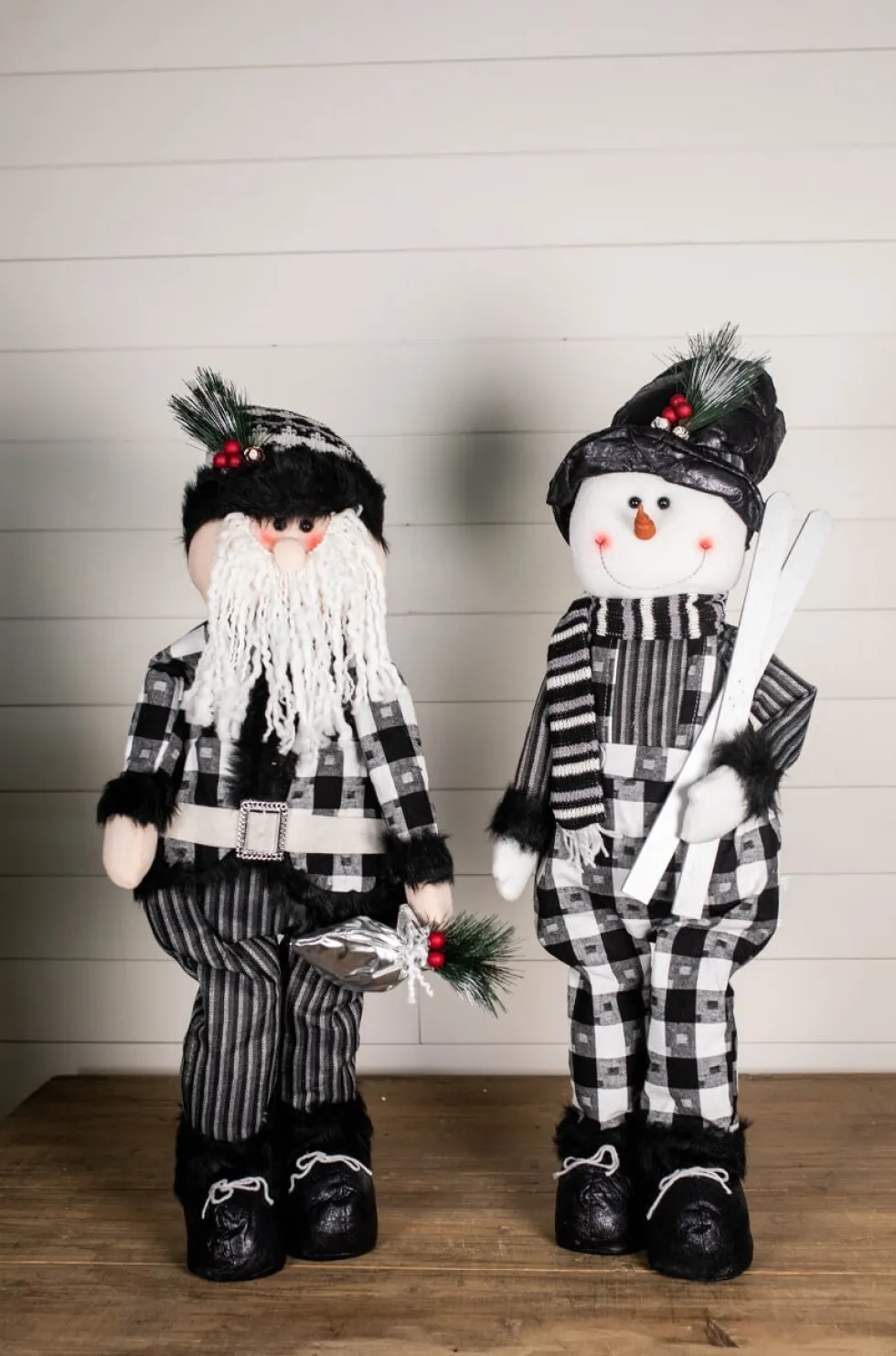 32” Black and White Buffalo Check Santa and Snowman Plush Figurine