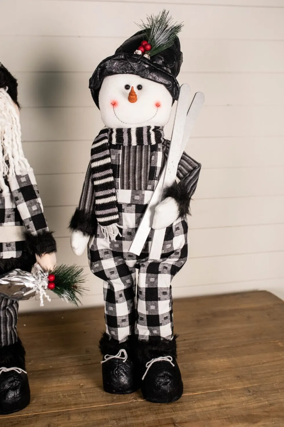 32” Black and White Buffalo Check Santa and Snowman Plush Figurine