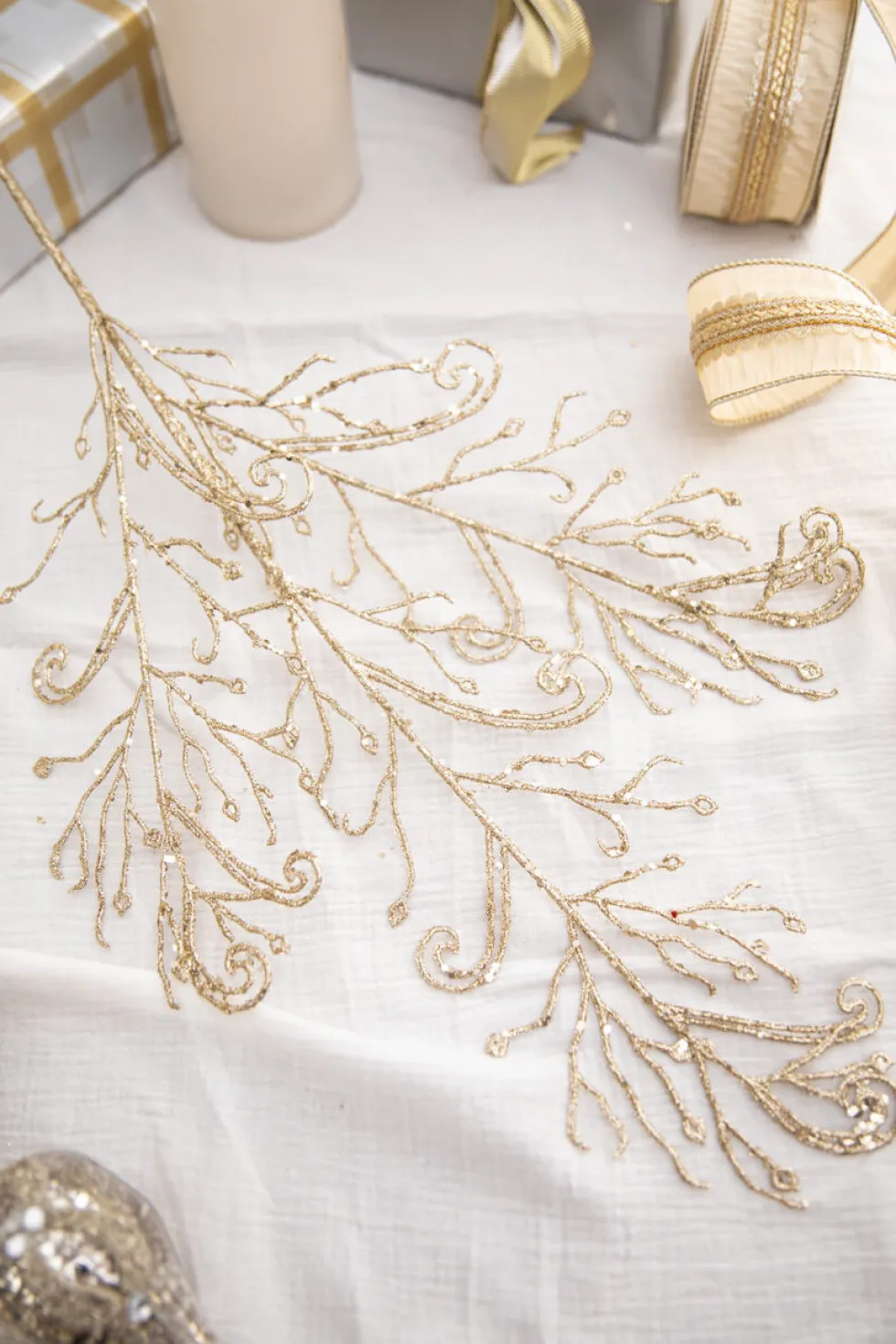 34" Champagne Glitter Lace Leaf Spray