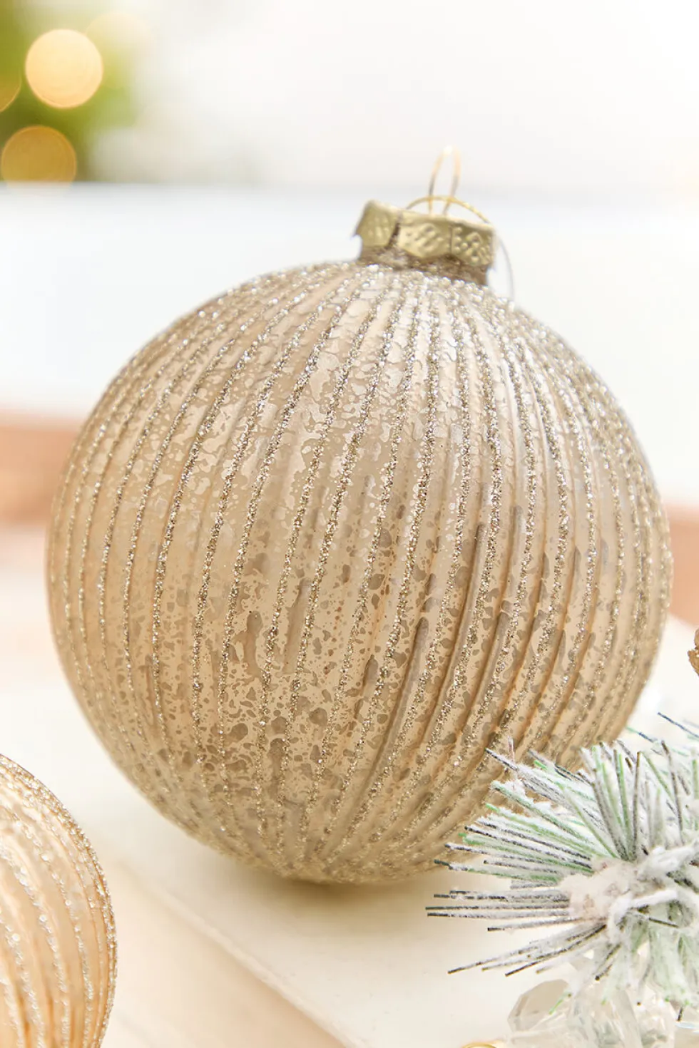 4" - 6" Champagne Glitter Ribbed Glass Ornament