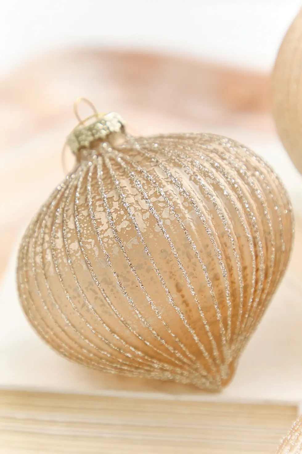 4" - 6" Champagne Glitter Ribbed Glass Ornament