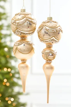 11" Champagne & Pearl Trimmed Finial Glass Ornament