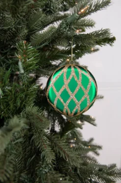 10cm Matte Glitter Flat Round Ornament - Green/Gold