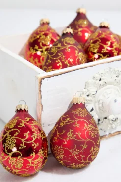 6ct Glass Drop Christmas Red & Red Velvet with Gold Floral Glitterlace