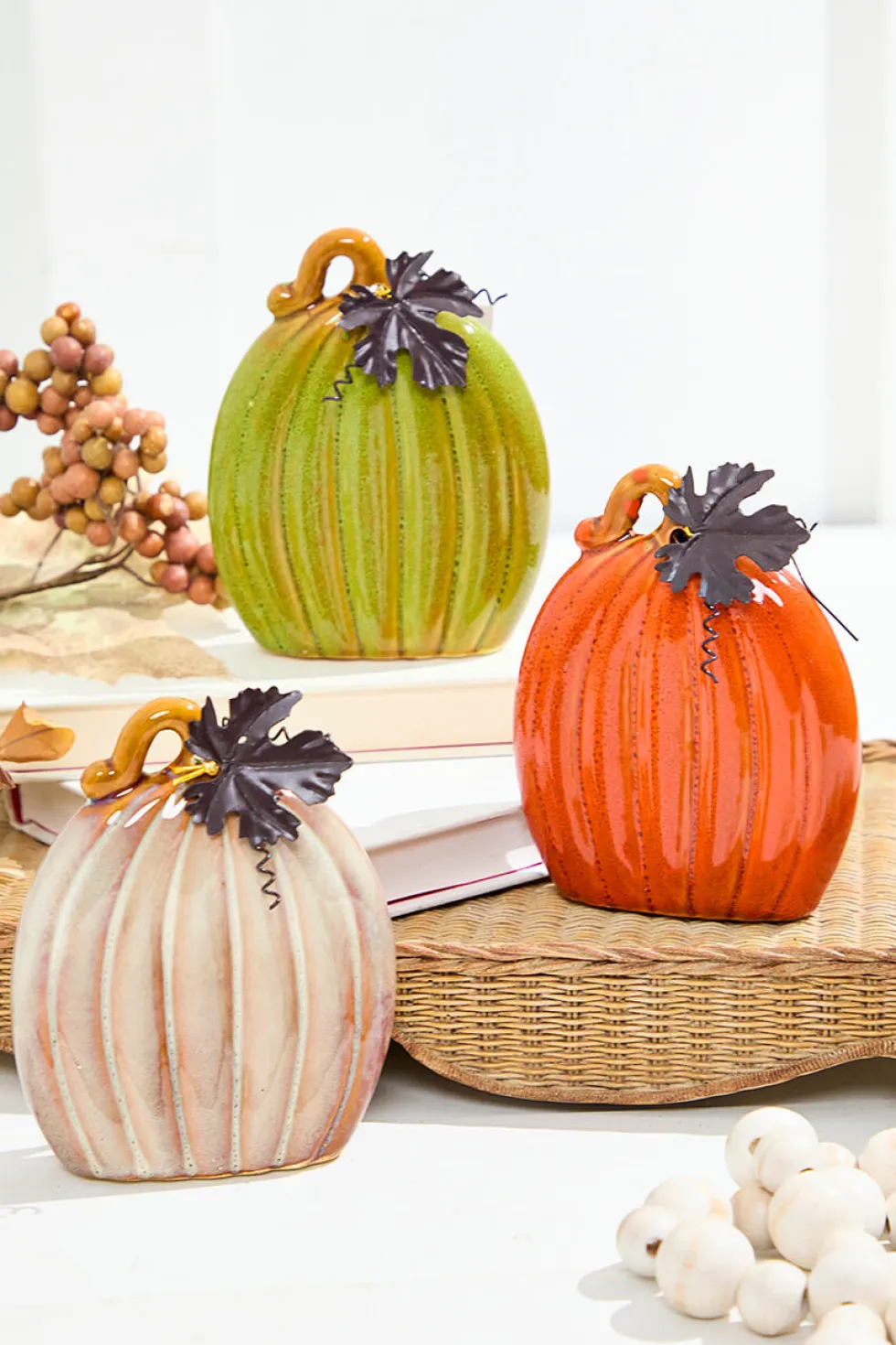 4.7" Dolomite Harvest Pumpkin Figurine with Metal Leaf