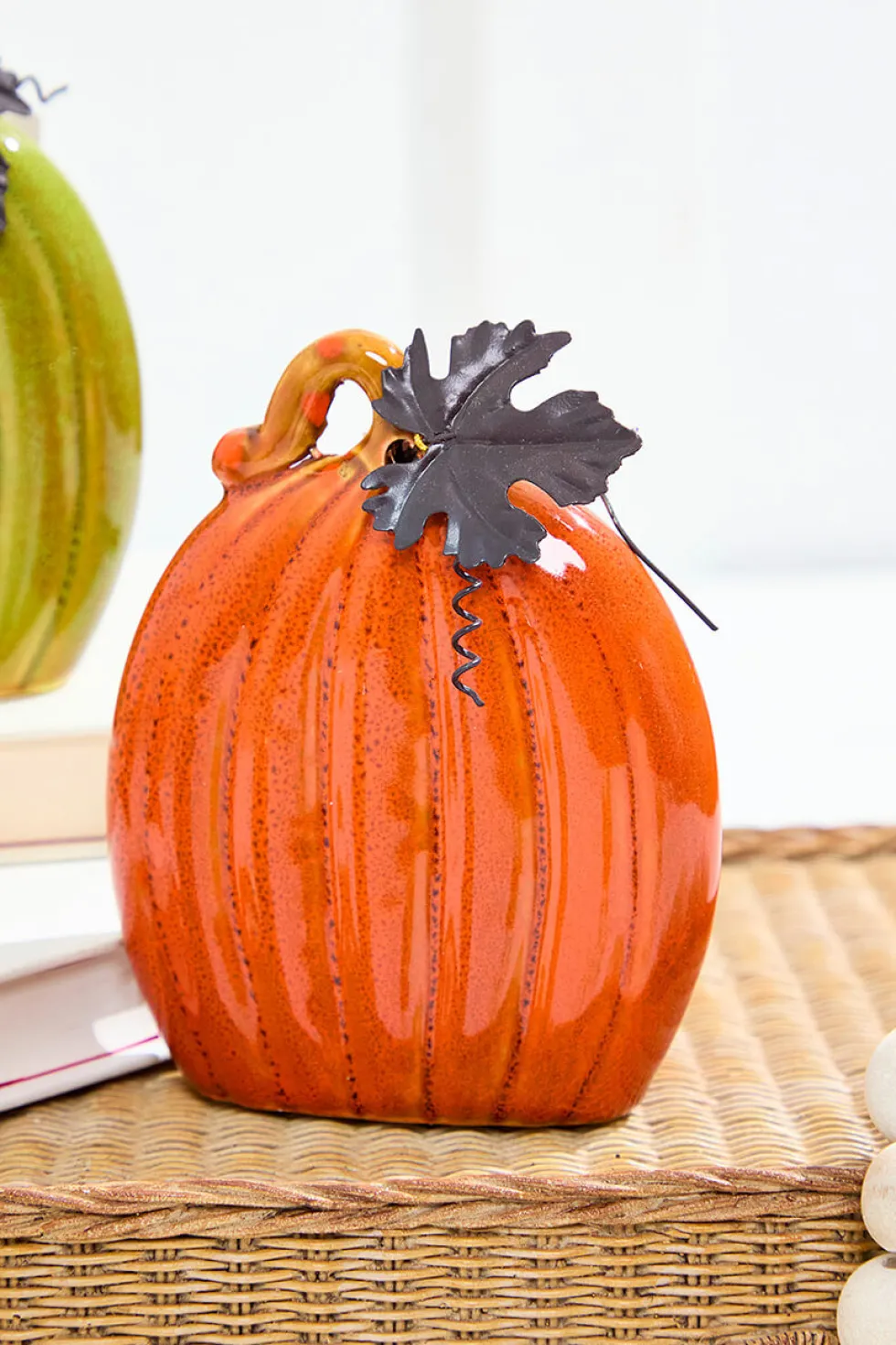 4.7" Dolomite Harvest Pumpkin Figurine with Metal Leaf