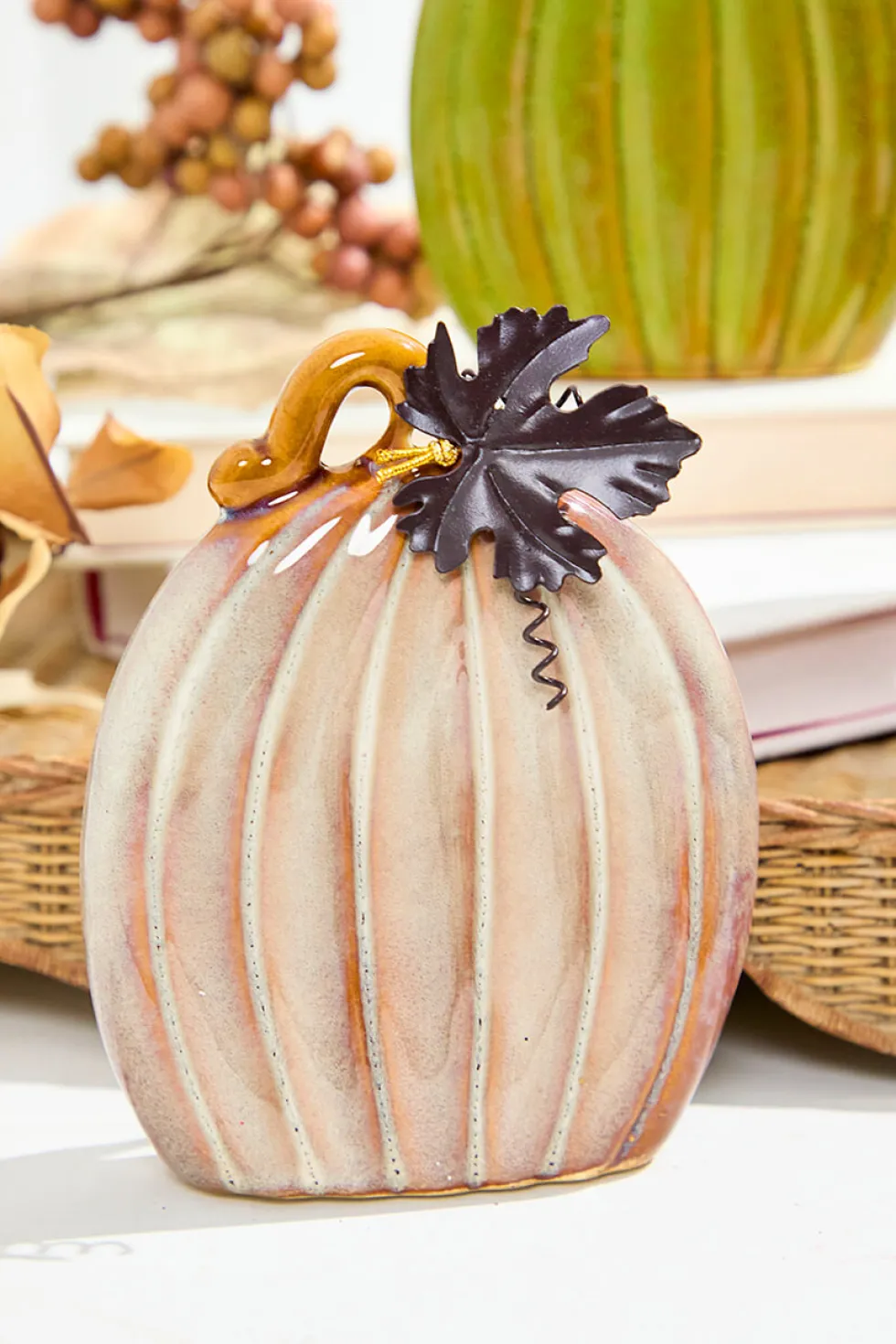 4.7" Dolomite Harvest Pumpkin Figurine with Metal Leaf