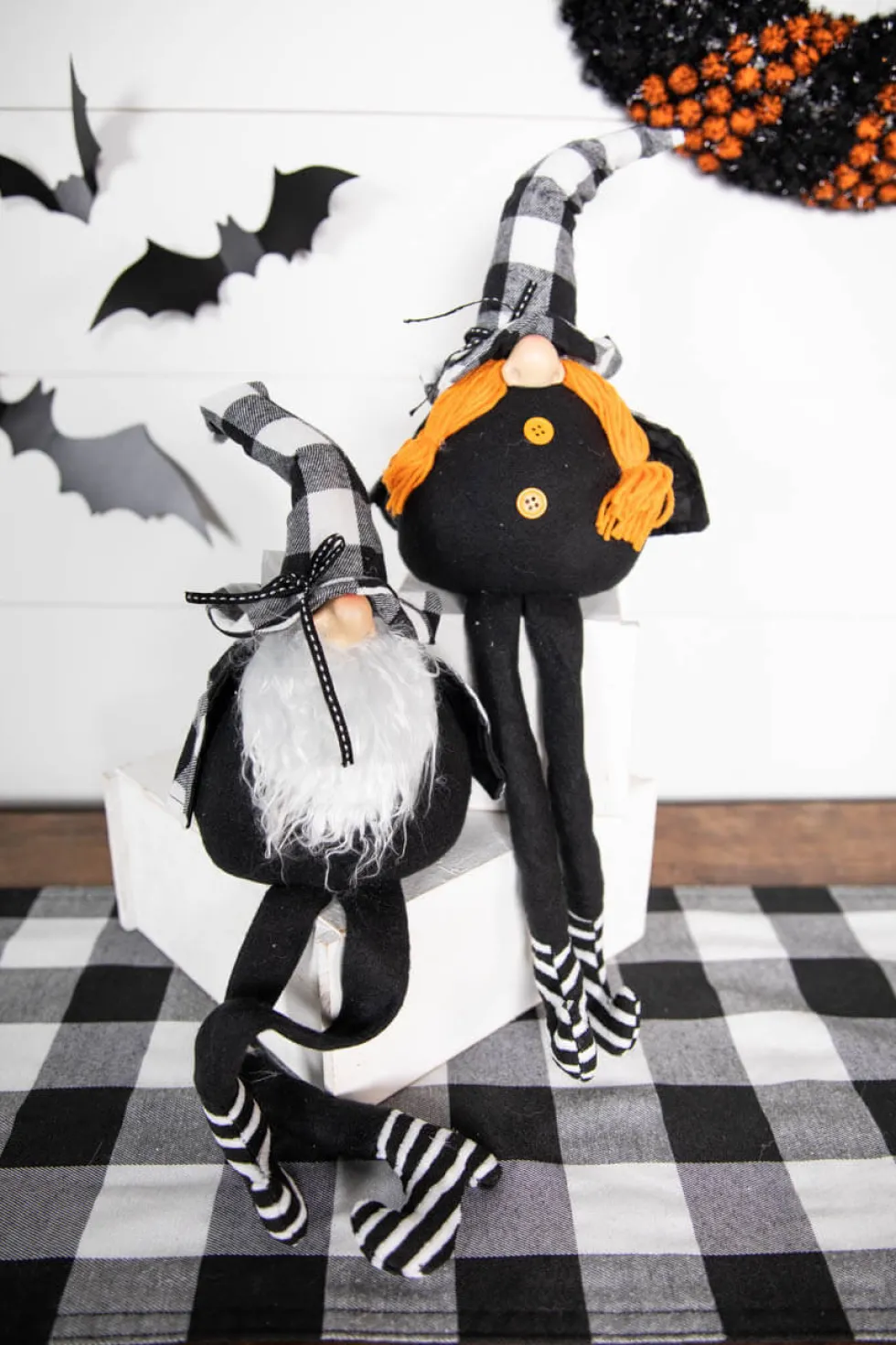22” Fabric Halloween Buffalo Check Gnome Shelf Sitter