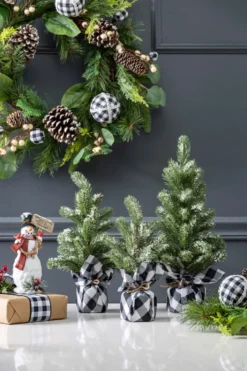 Flocked Pine Tree With Plaid Fabric - Large