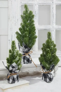 Flocked Pine Tree With Plaid Fabric - Small