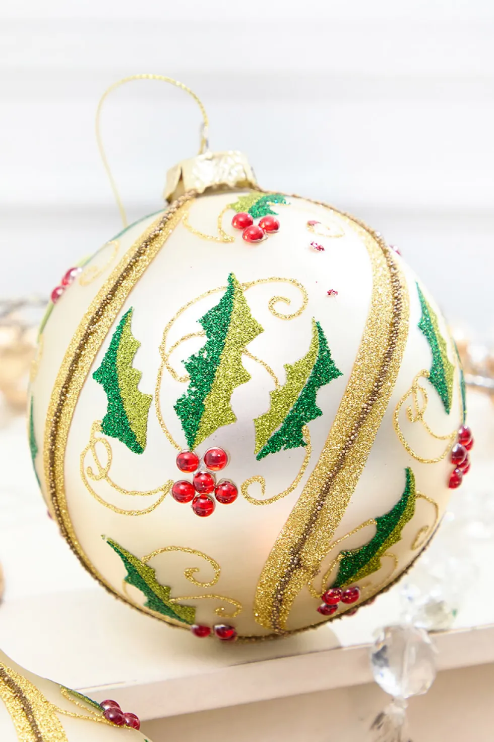 5" - 7" Glass Holly Ball & Finial Ornament