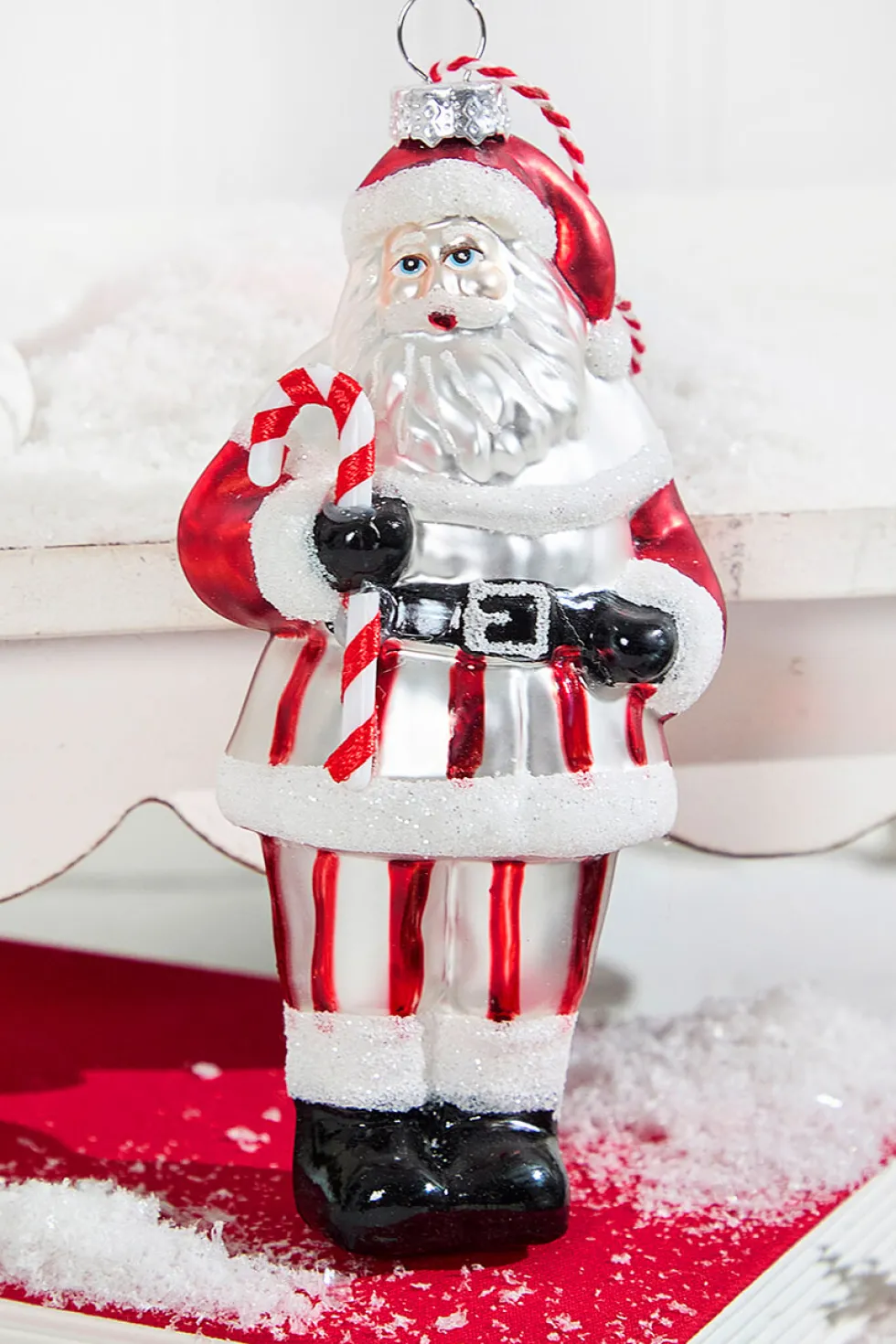 Glass Santa Ornament in Striped Coat