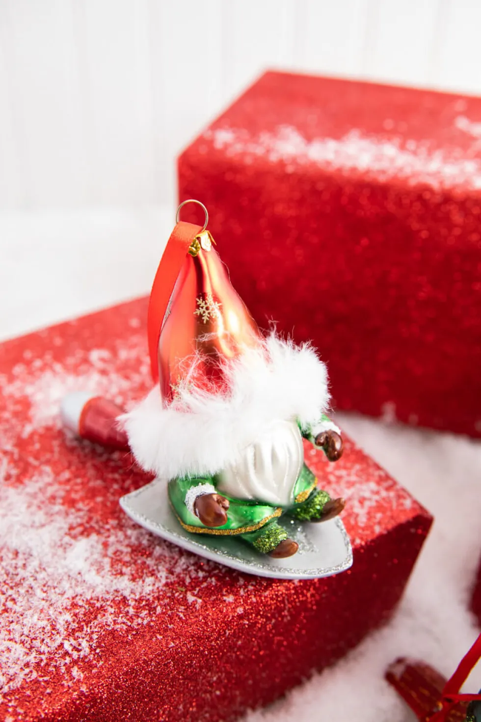 5” Gnome Riding A Cardinal/Tree/Shovel Glass Ornament