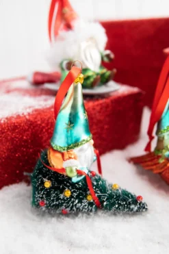 5” Gnome Riding A Cardinal/Tree/Shovel Glass Ornament