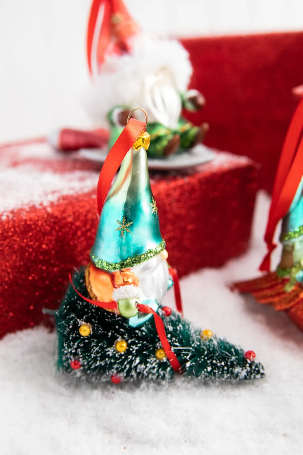 5” Gnome Riding A Cardinal/Tree/Shovel Glass Ornament