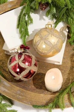 4” Gold & Burgundy Ball Glass Ornament