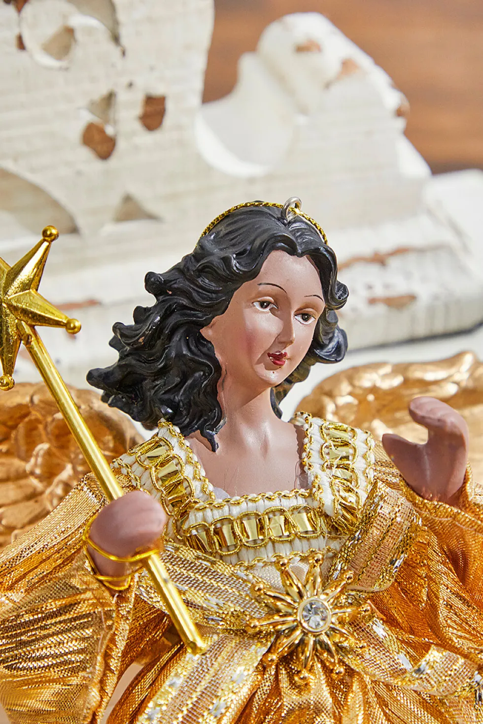 9" Gold Fabric Flying Black Angel Ornament