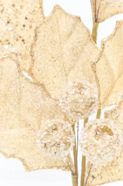 27" Gold Glitter Berry Leaf Spray