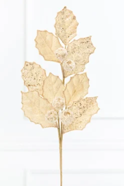 27" Gold Glitter Berry Leaf Spray