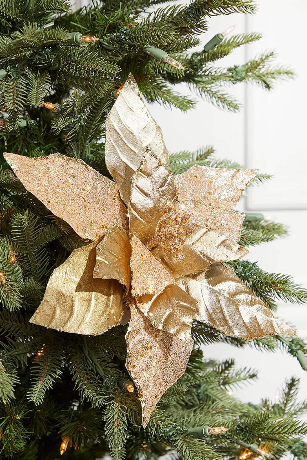 13" Gold Velvet Glitter Poinsettia Stem