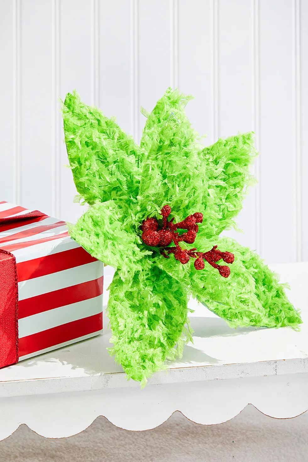 11" Green Furry Feather Fabric Poinsettia