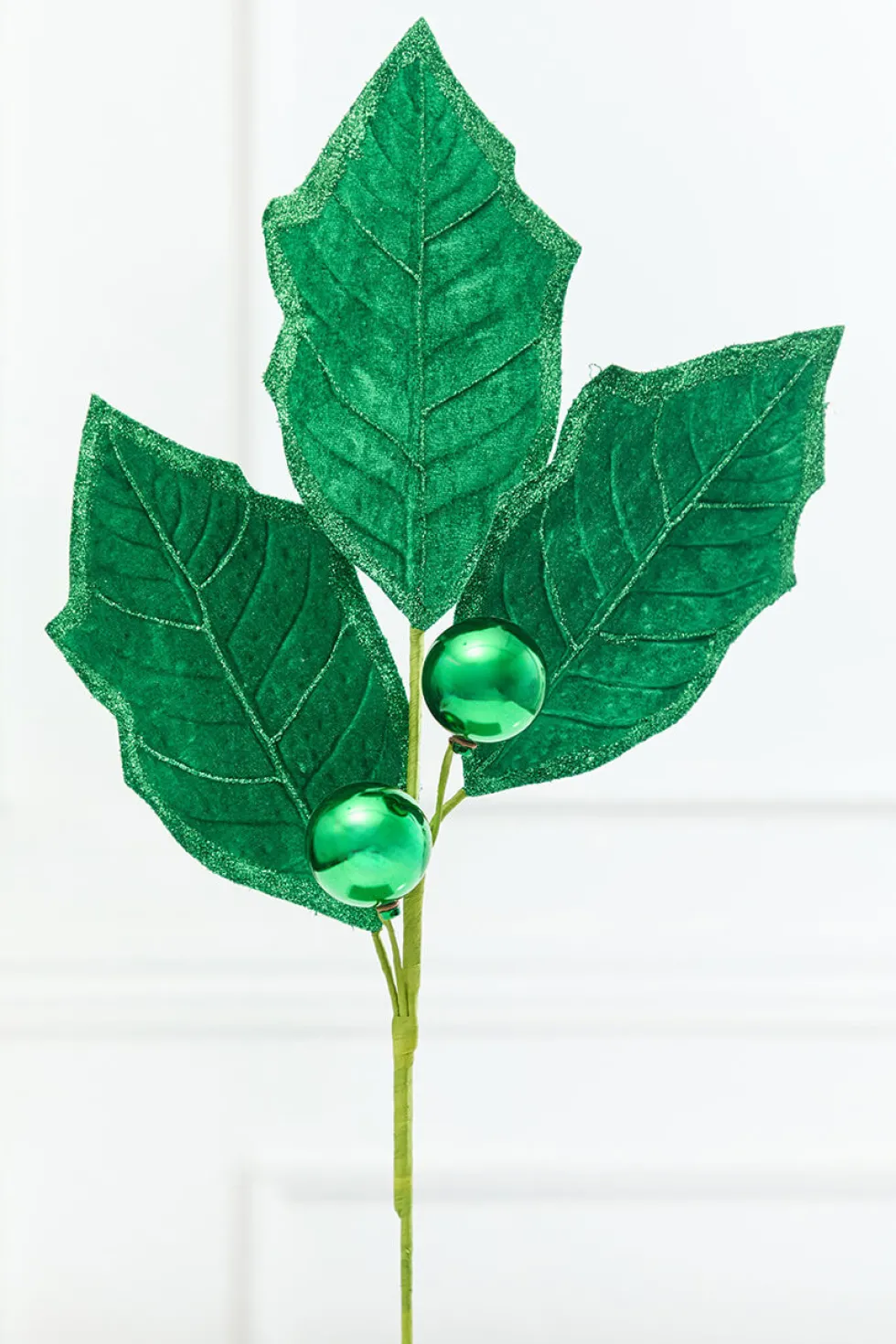30" Green Velvet Holly Leaves Spray