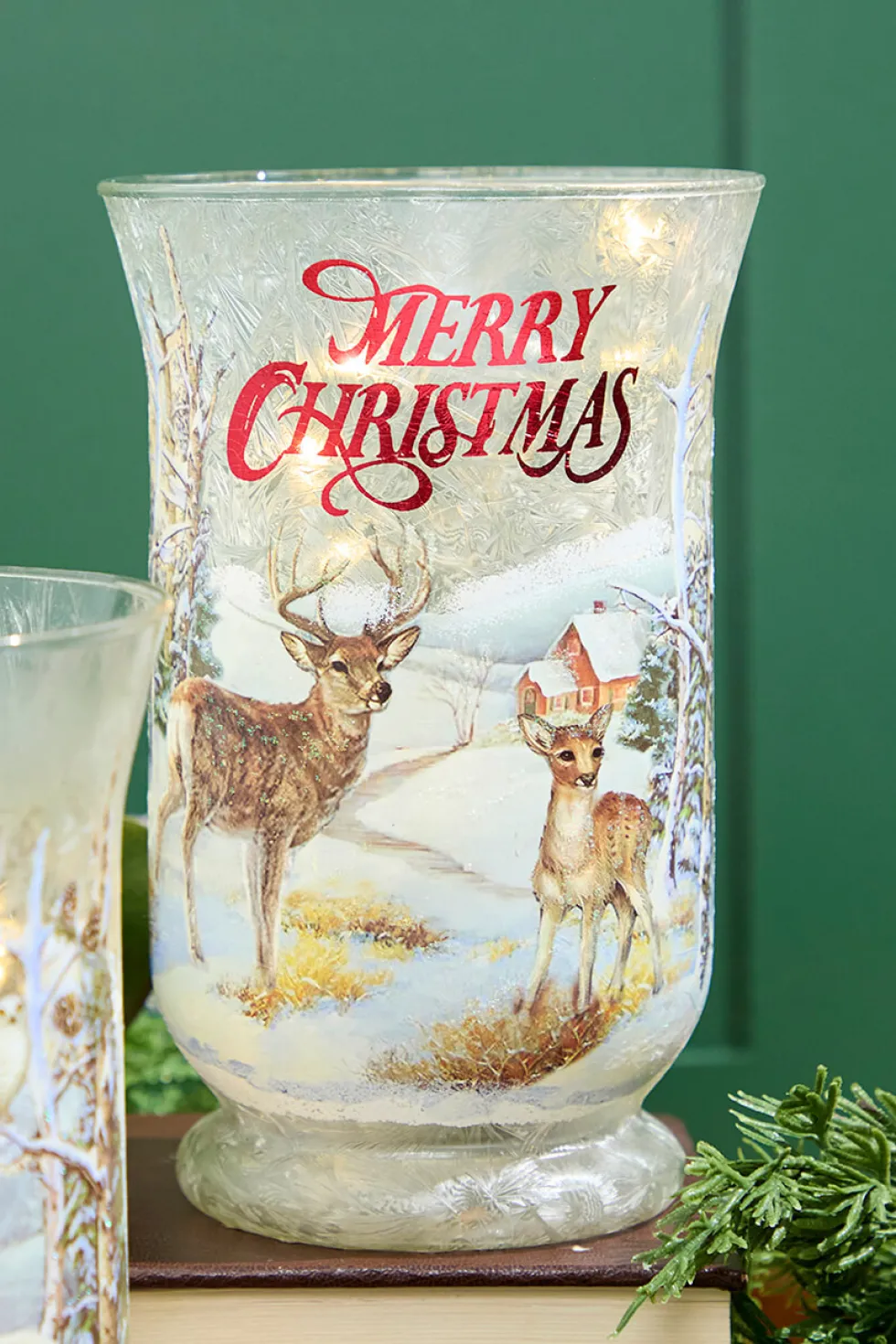 8"H B/O Lighted Glass Deer/Moose Design Hurricane Luminary