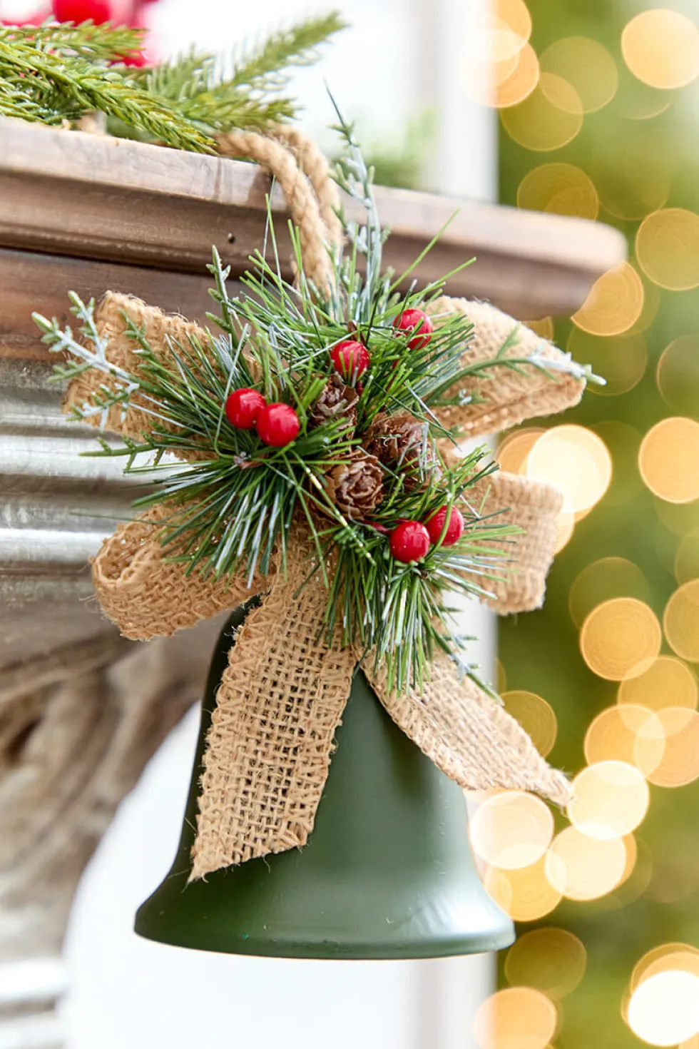 4" Holly & Pinecone Metal Bell Ornament