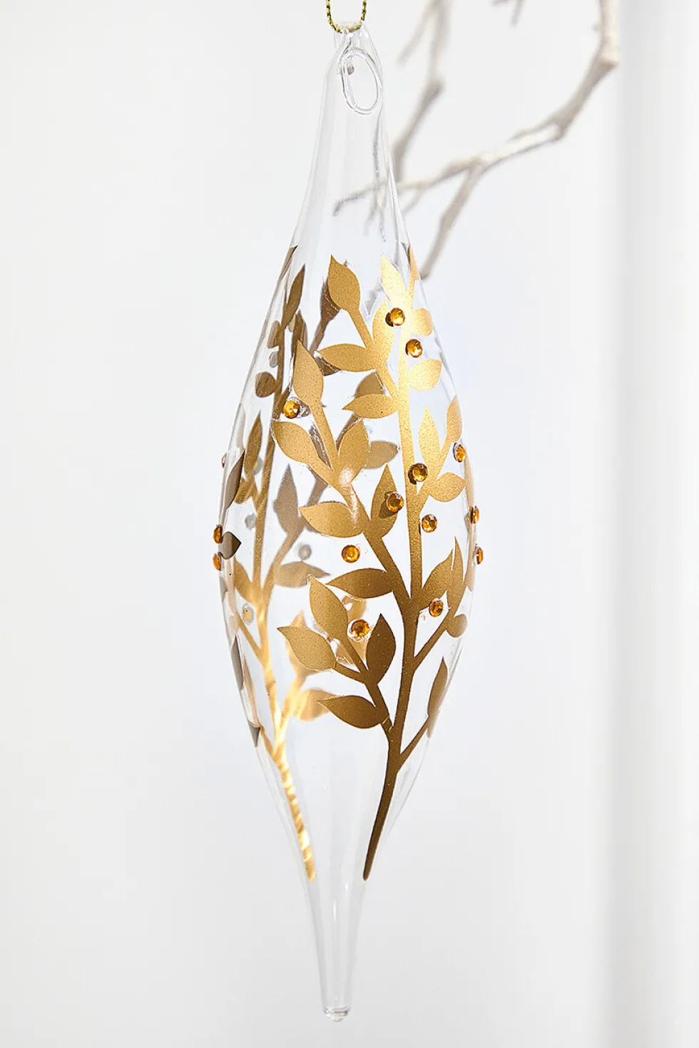 8" - 9" Icicle Glass Ornament with Gold Leaf Detail
