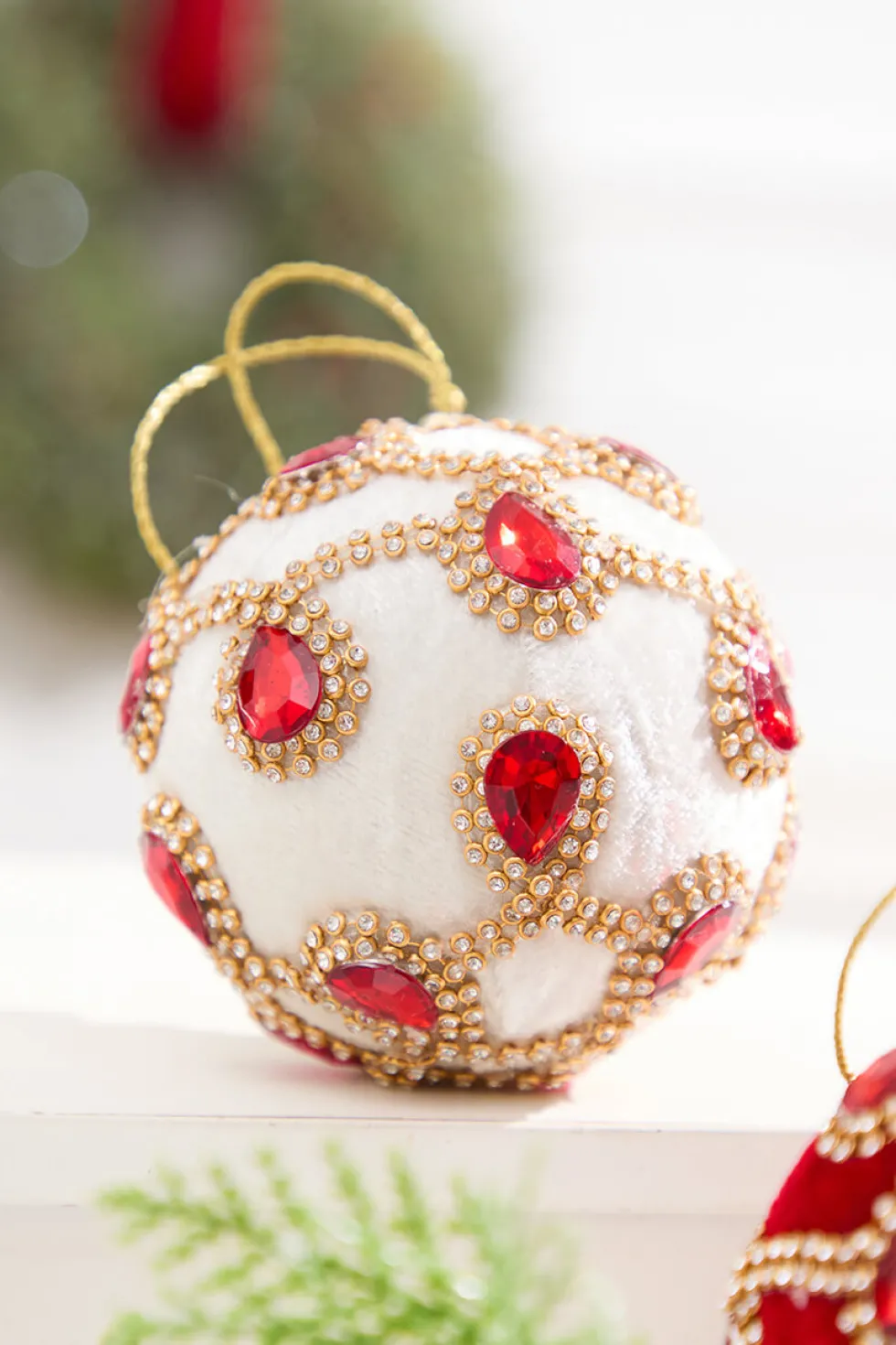 4" Ivory Velvet with Jewel & Rhinestone Ball Ornament