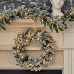 24" Lexington Fir Flocked Plug-In Wreath with Warm White LED Lights