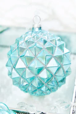 4" Northern Sky Blue Quilted Glass Ornament