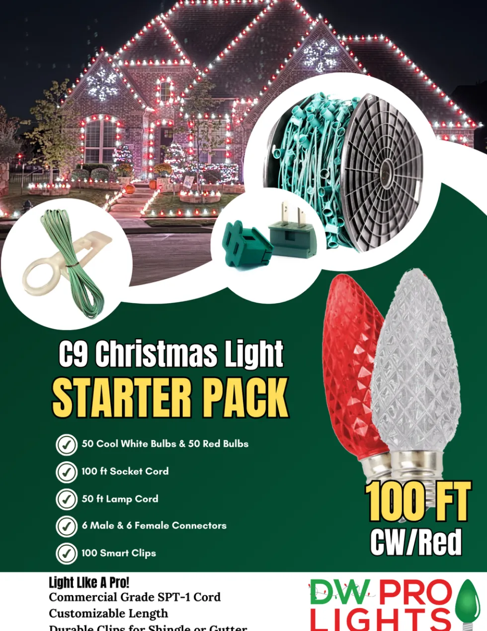 100' Outdoor Christmas Lighting Kit - Cool White/Red