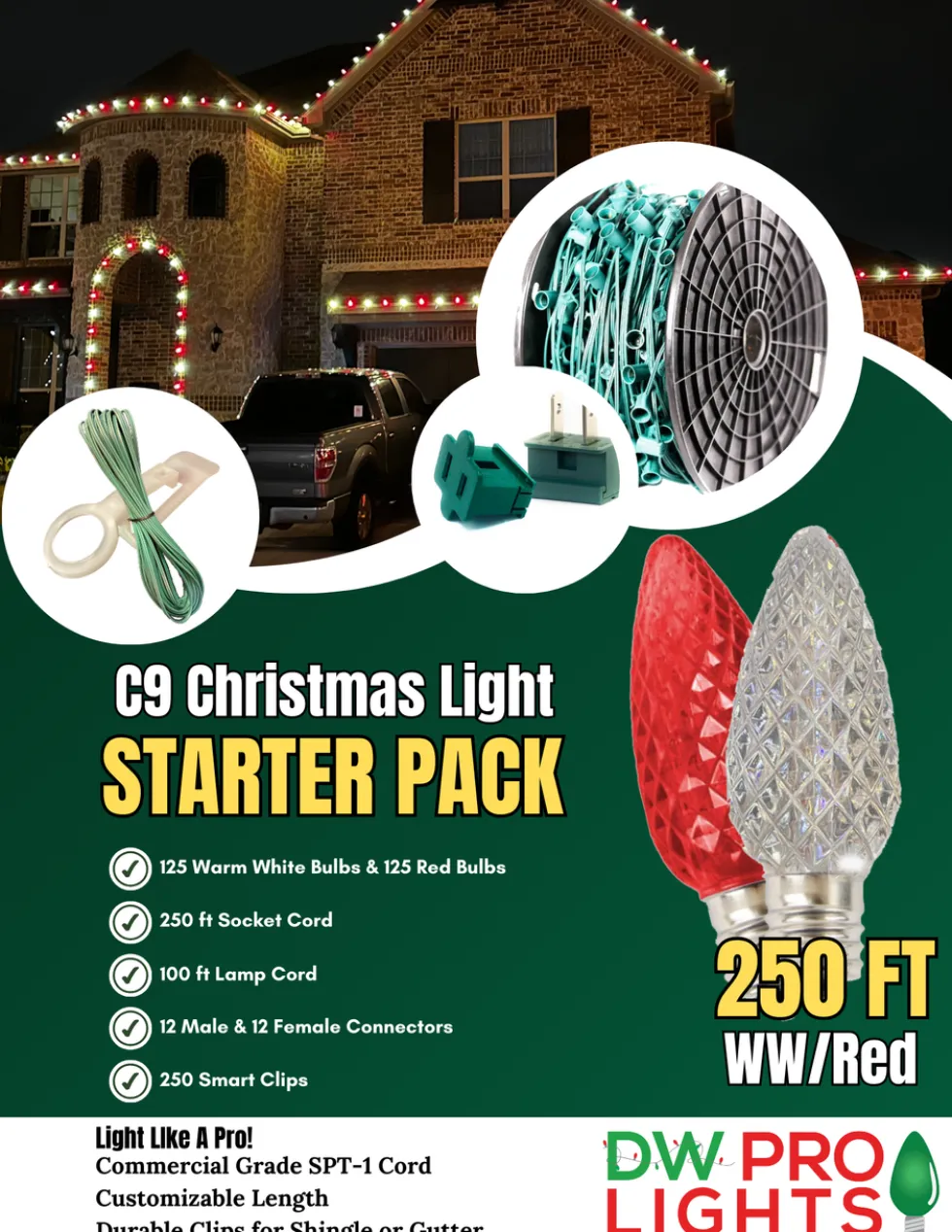 250' Outdoor Christmas Lighting Kit - Warm White/Red