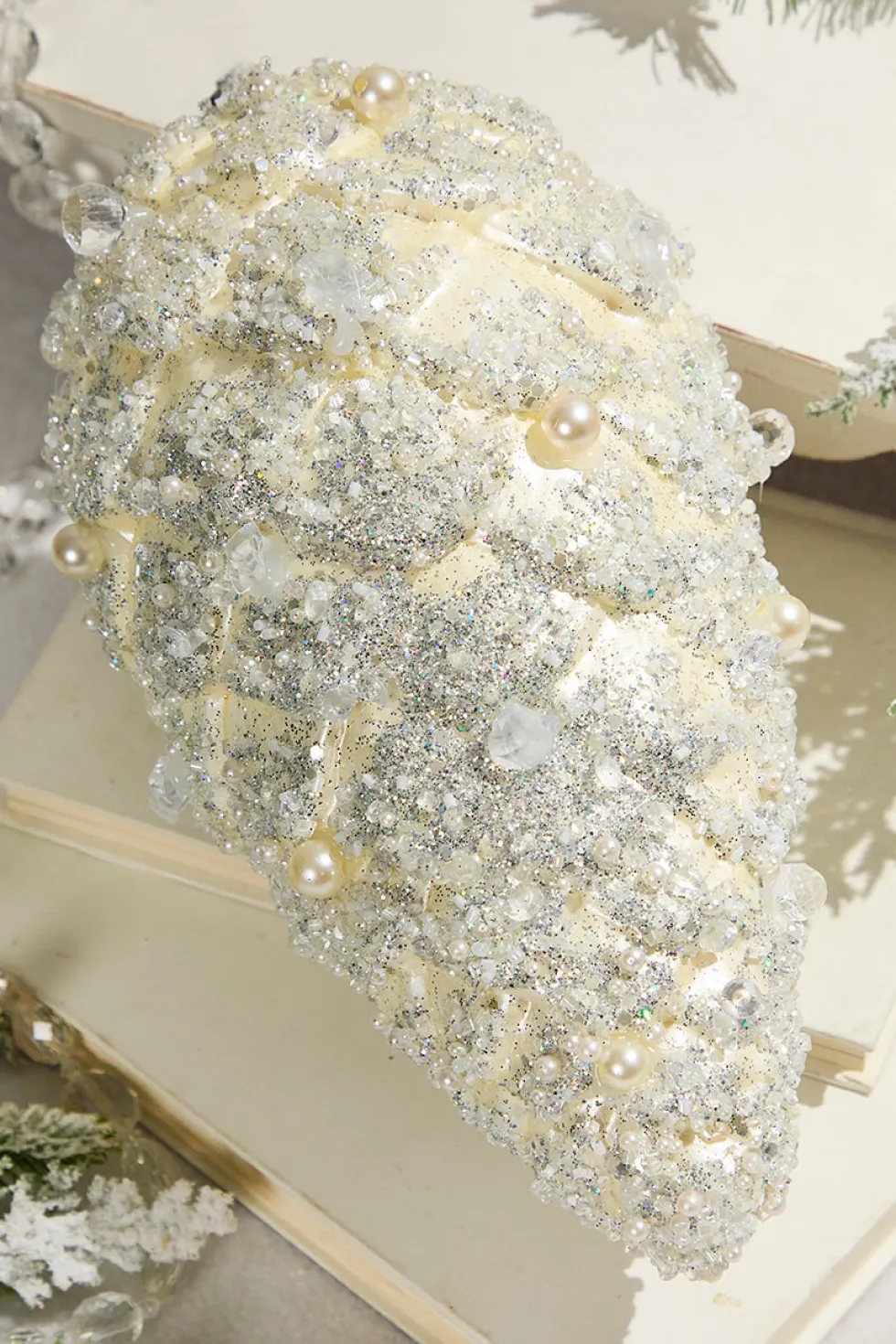 11" Pinecone Ornament with Jewel - Cream