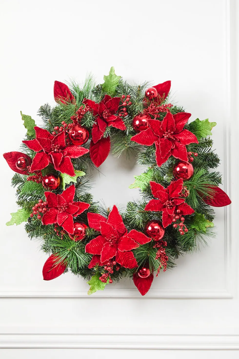 32” Pine Wreath With Poinsettias & Ball Ornaments