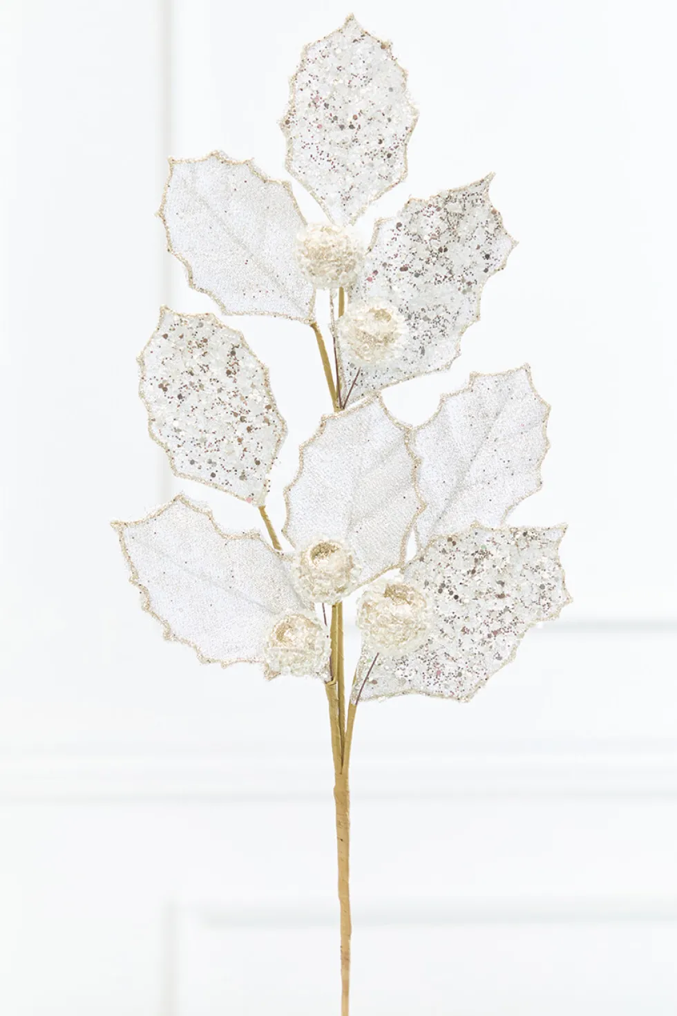 27" Platinum Glitter Berry Leaf Spray