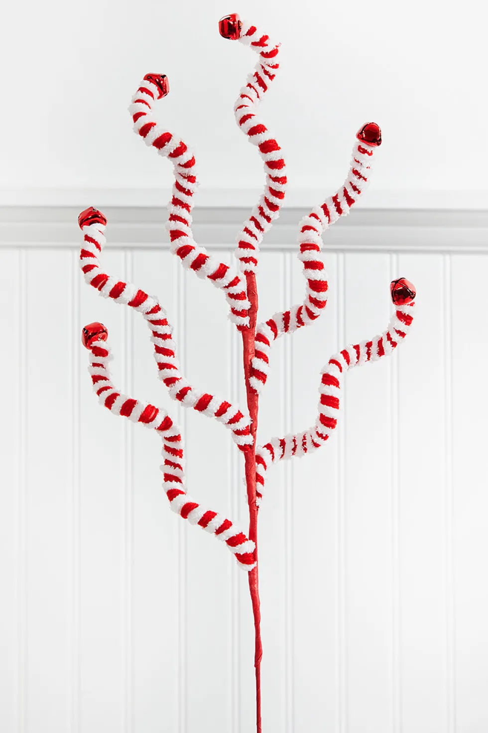 24" Red and White Fabric Peppermint Stripe Jingle Bell Spray