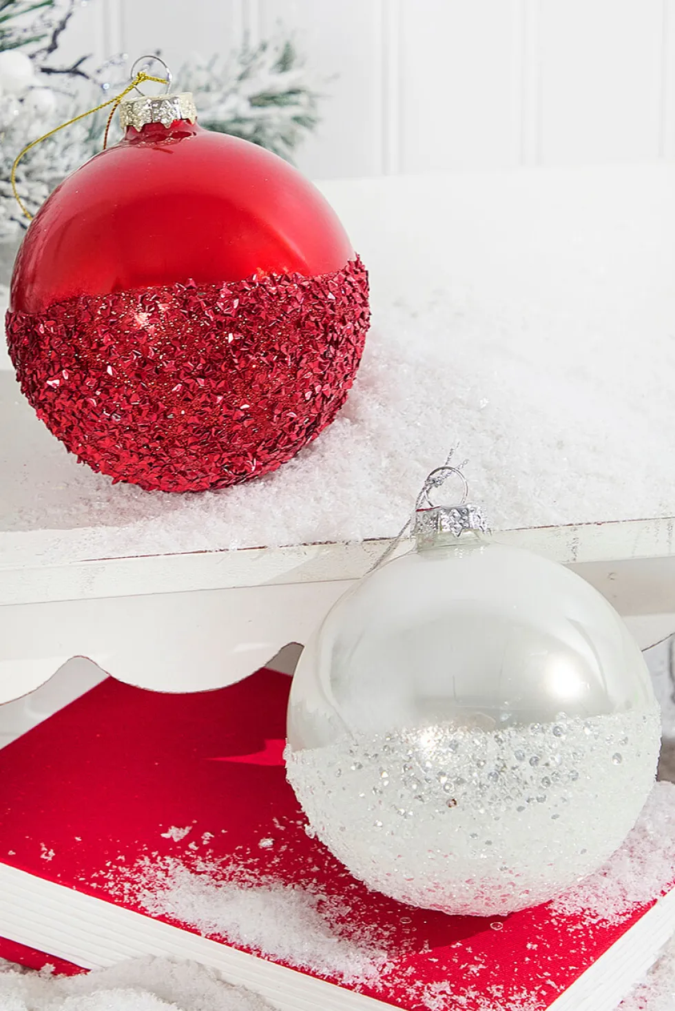 Red and White Glass Ornaments with Glitter