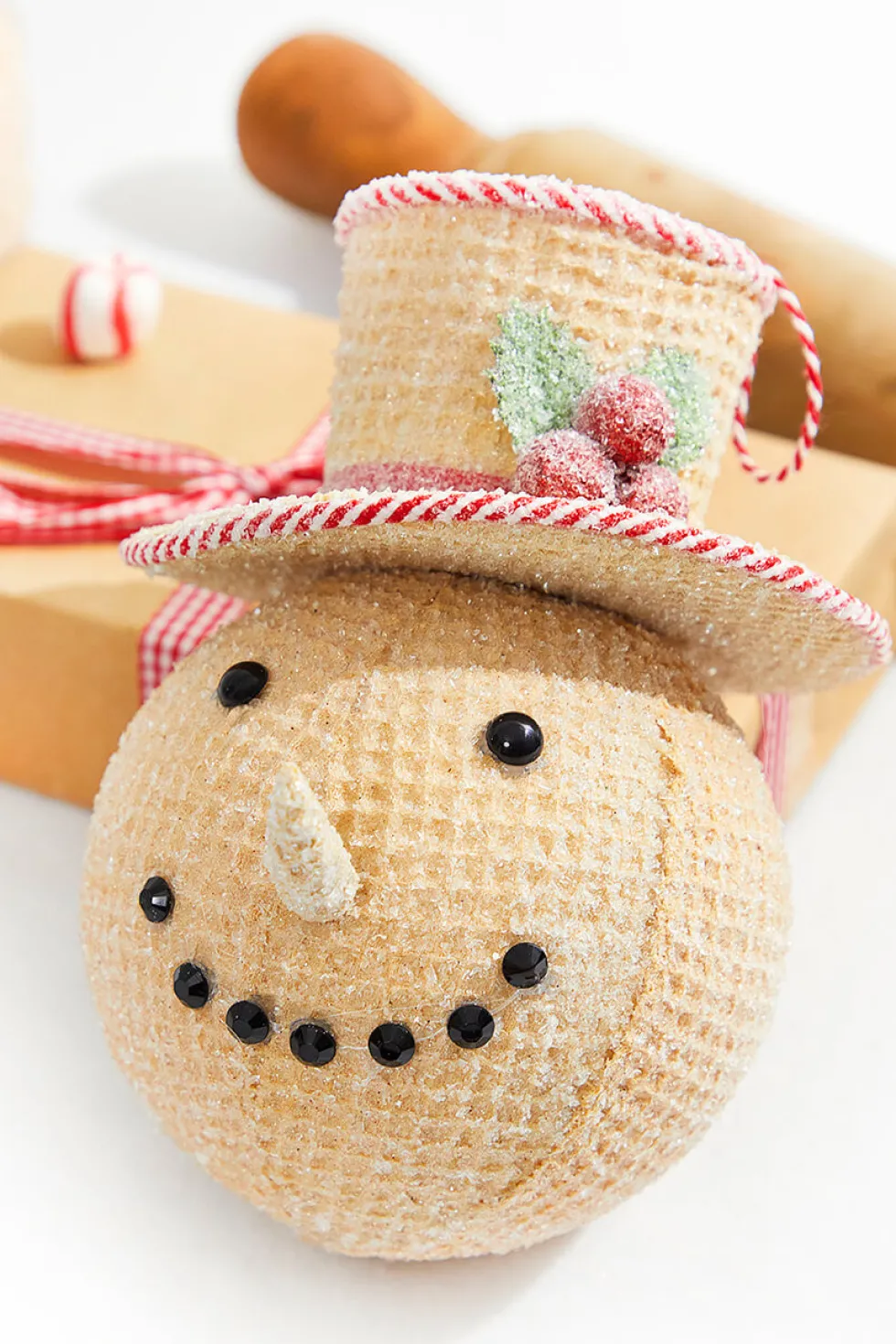 6” Red and White Peppermint Stripe Waffle Snowman Ornament