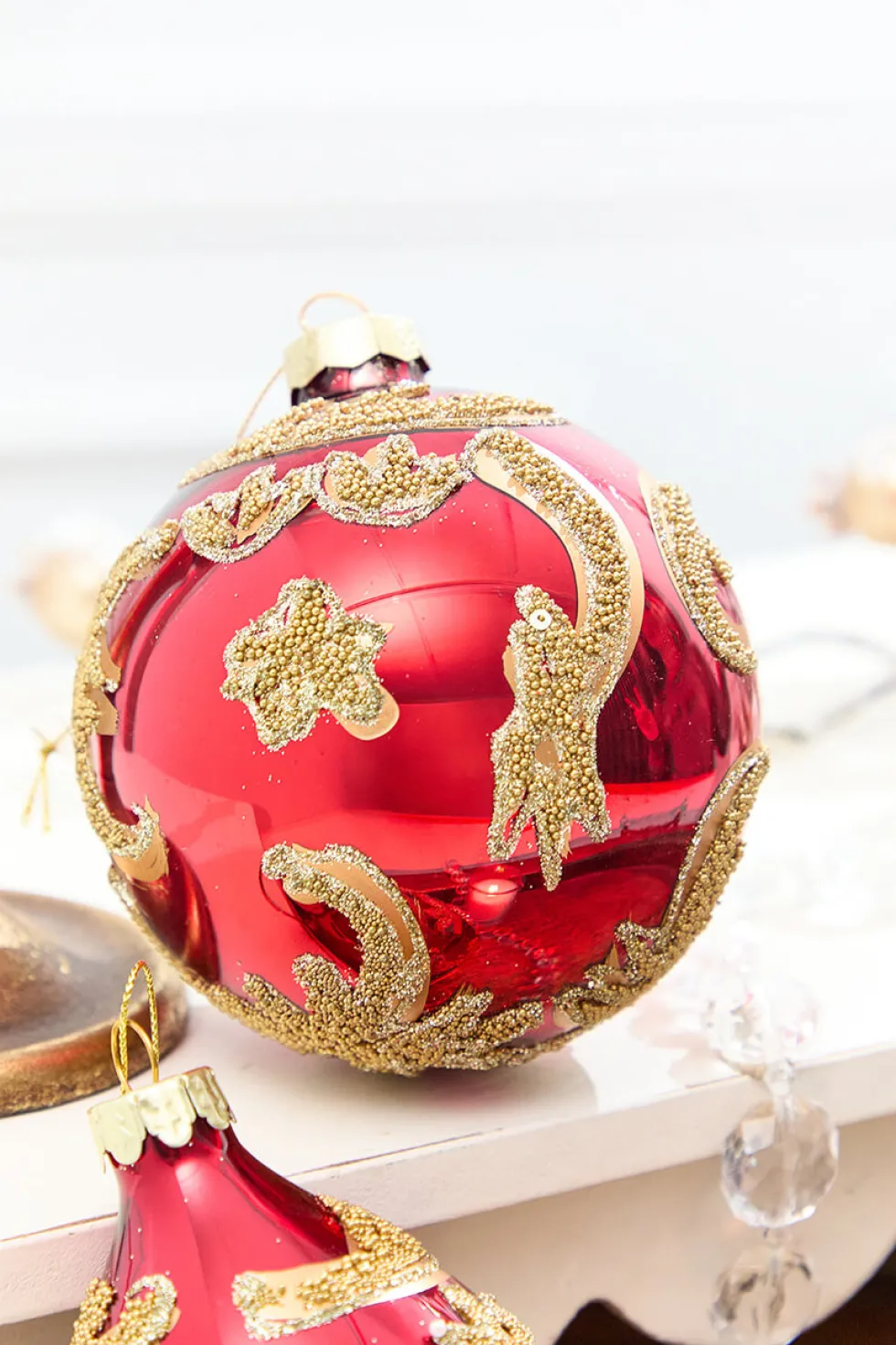 4" - 6" Red & Gold Beaded Scroll Glass Ornament