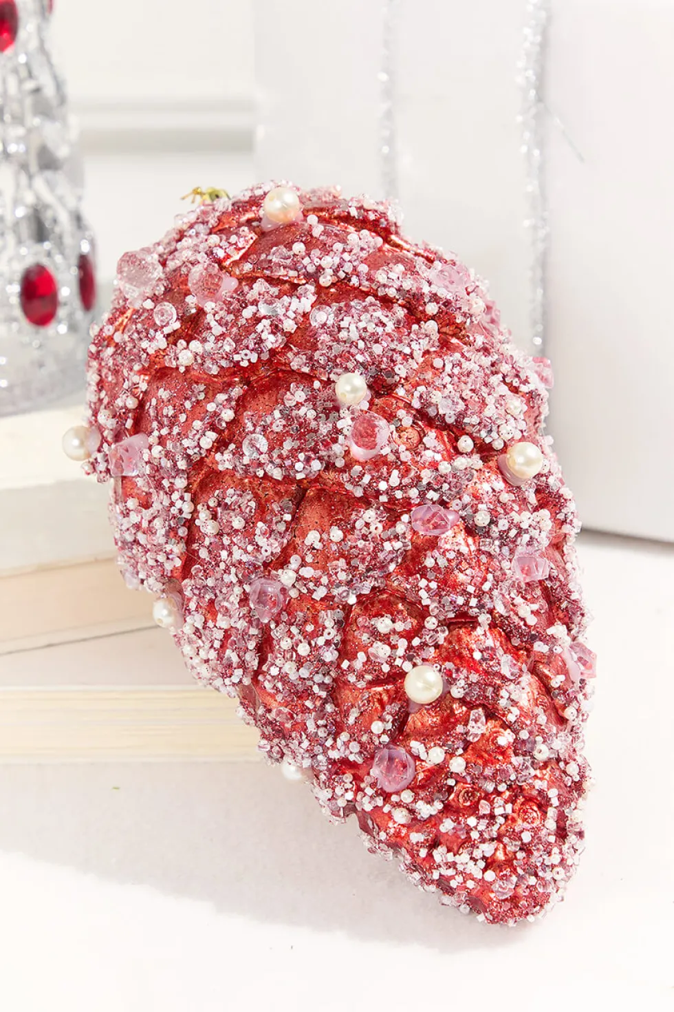 11" Red Pinecone Ornament with Jewels