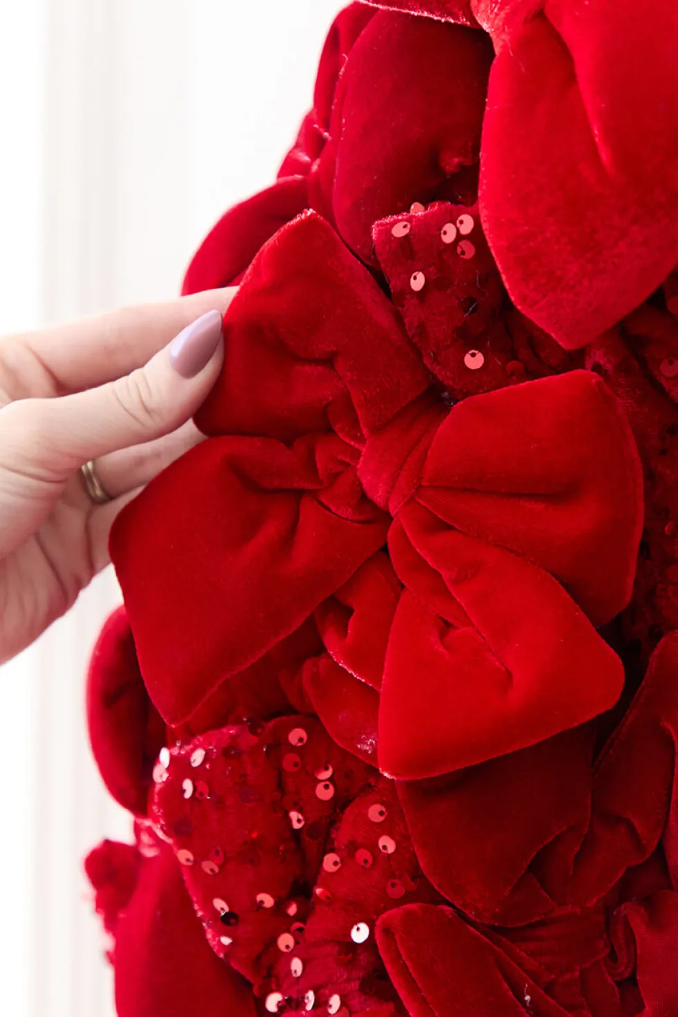 36" Red Velvet Sequin Bow Potted Ball Topiary
