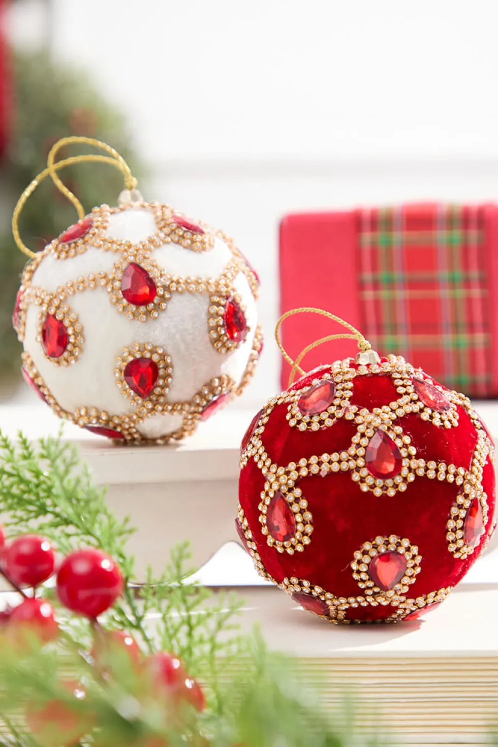 4" Red Velvet with Jewel & Rhinestone Ball Ornament