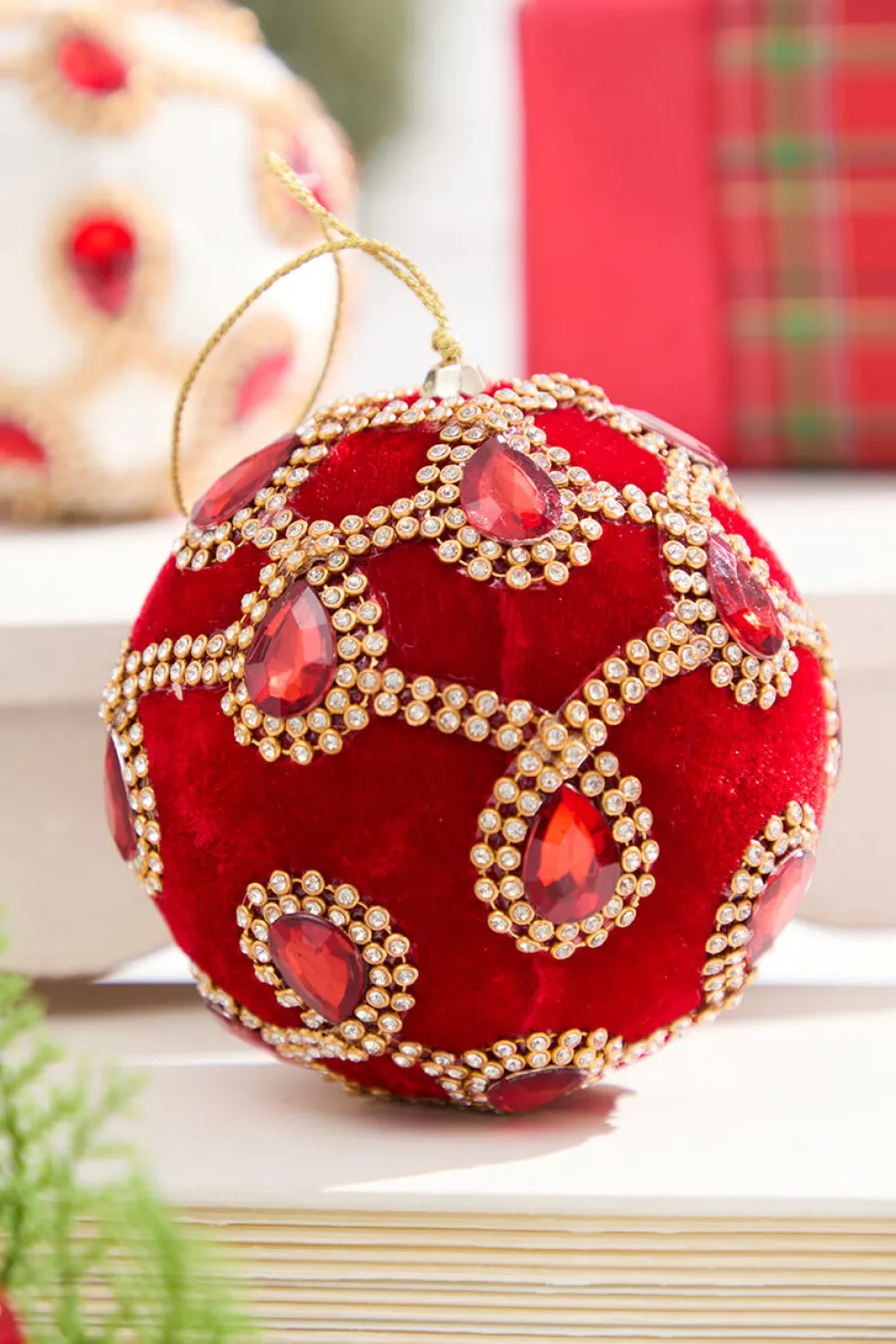 4" Red Velvet with Jewel & Rhinestone Ball Ornament