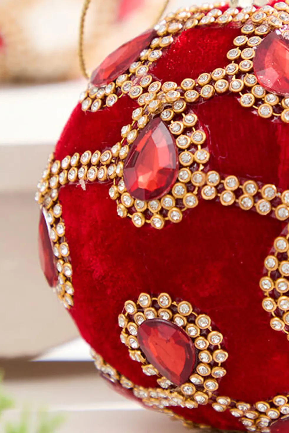 4" Red Velvet with Jewel & Rhinestone Ball Ornament