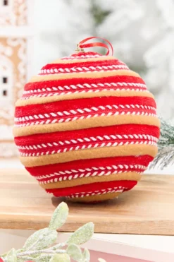 6" Red, White & Brown Gingerbread Stripe Ball